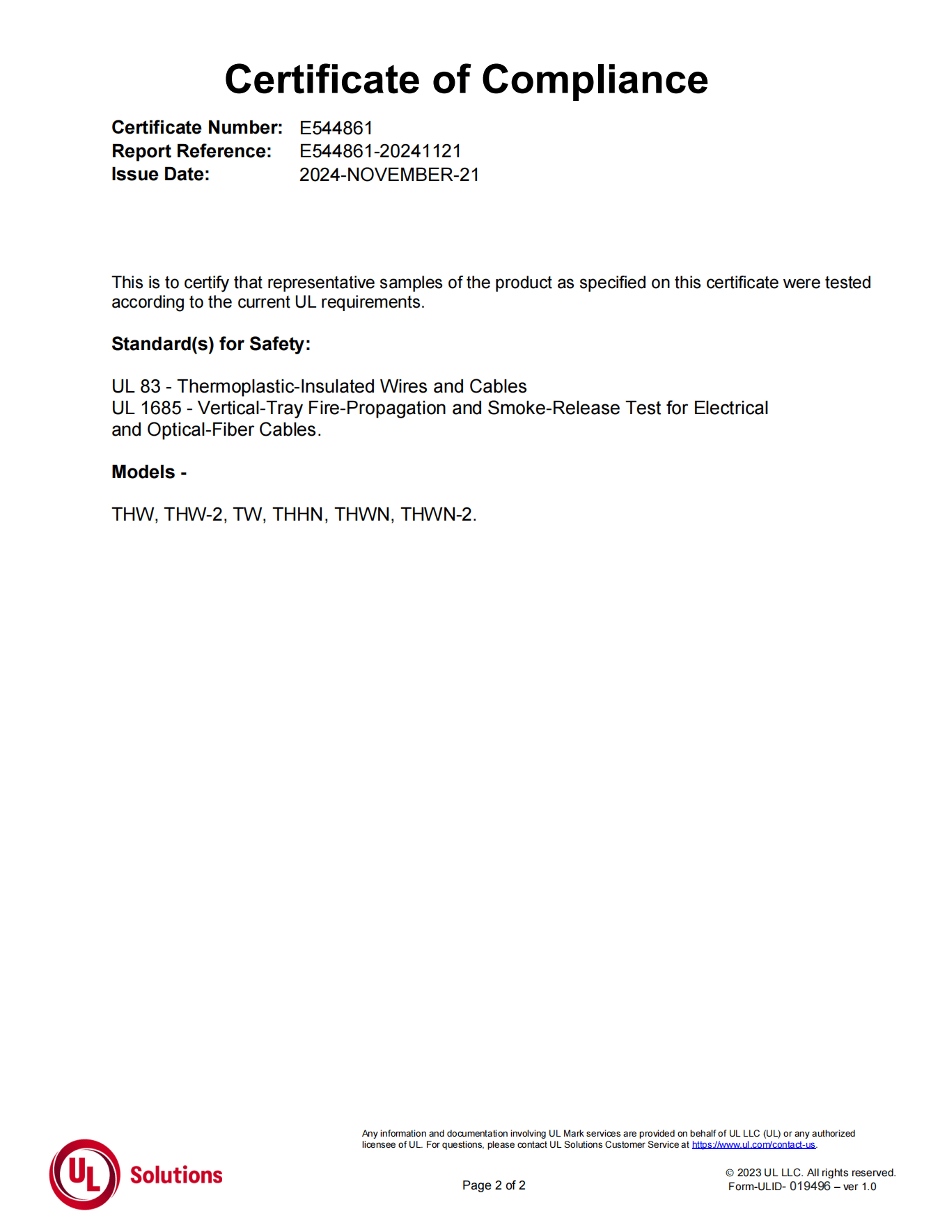 UL NMWU cable certification