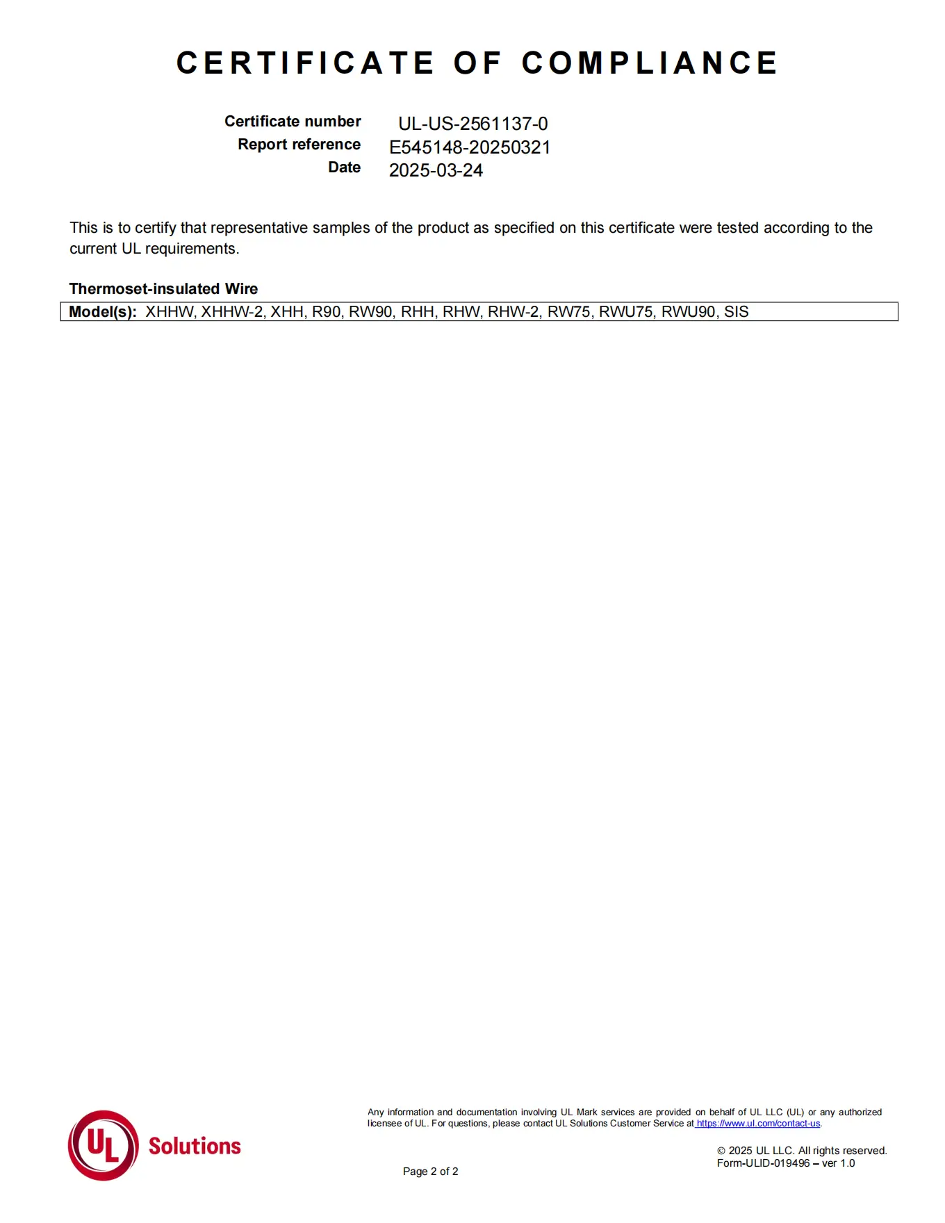 UL approval TWU wire