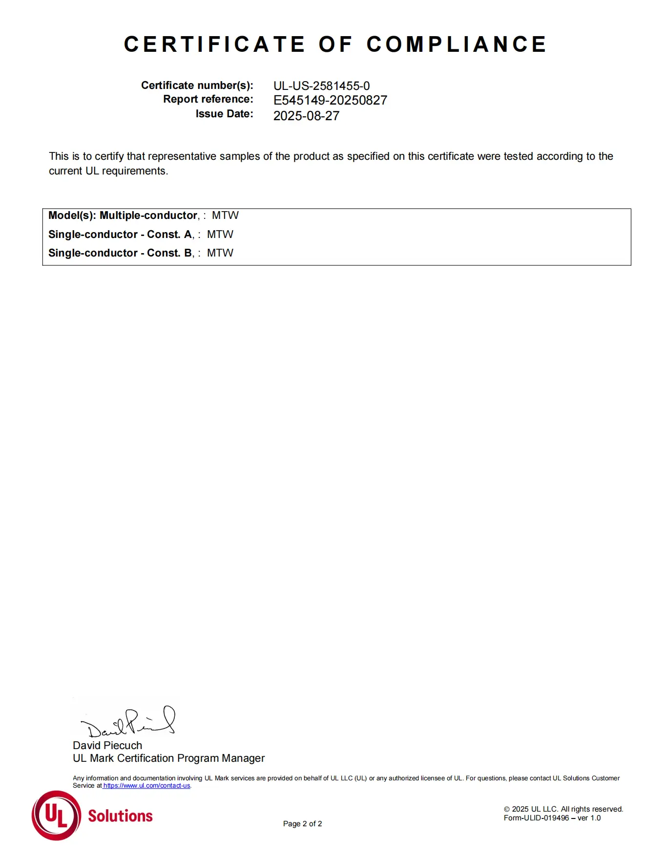 MTW wire certification