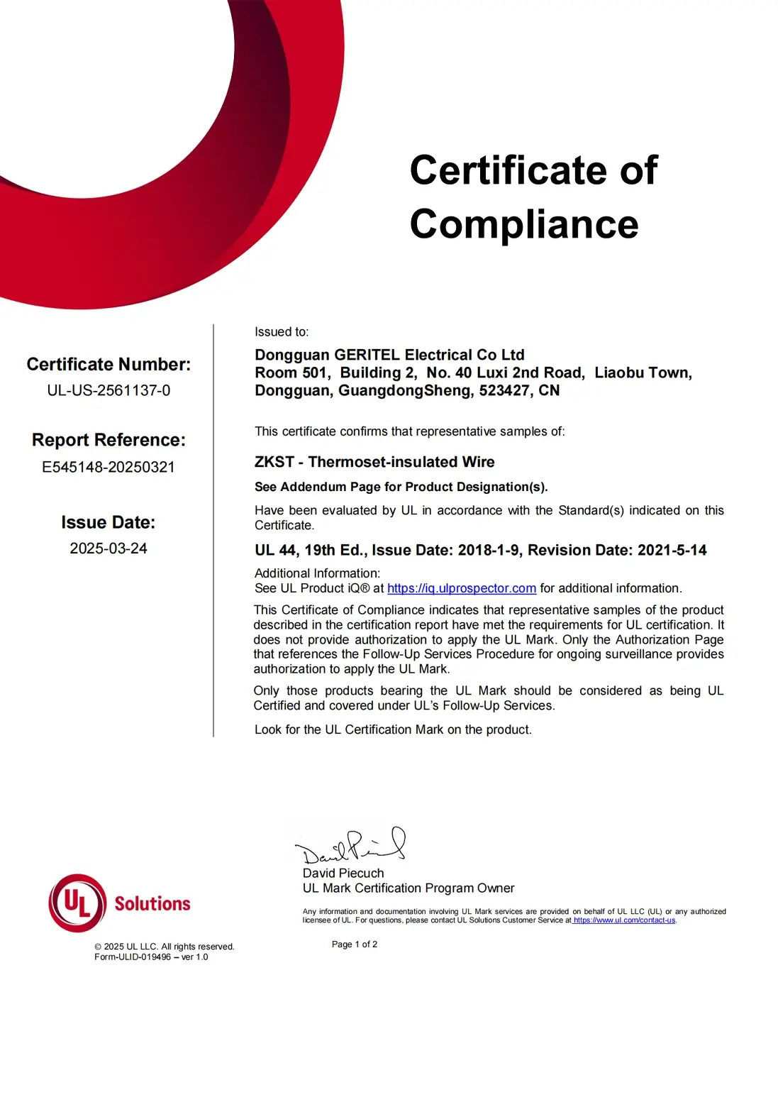 silicone cable certification